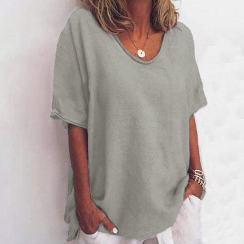 Women's relaxed fit linen-look white t-shirt with side slits and round neckline