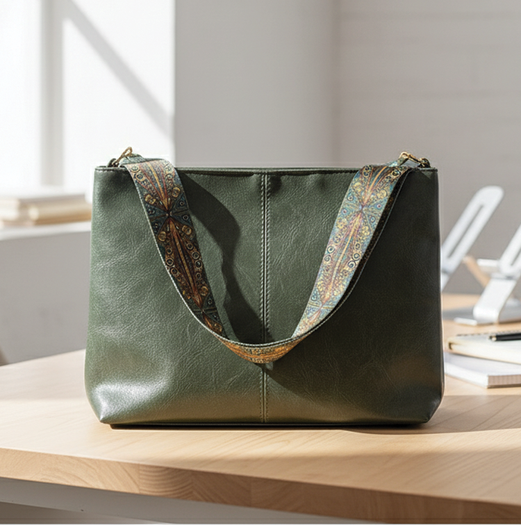 Black vegan leather tall bucket bag with embroidered strap, structured silhouette and roomy interior