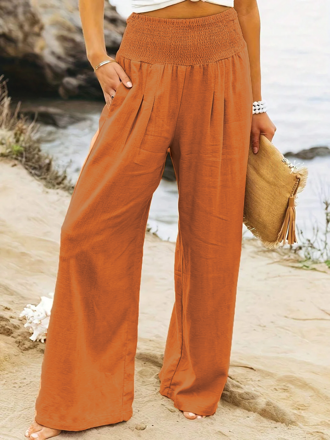 Women's wide leg linen-look pants in neutral tones, flattering relaxed fit with breathable everyday style