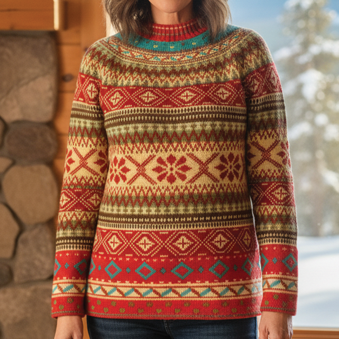 Christina multicolor jacquard knit sweater soft-touch cozy layering patterned textured crew neck