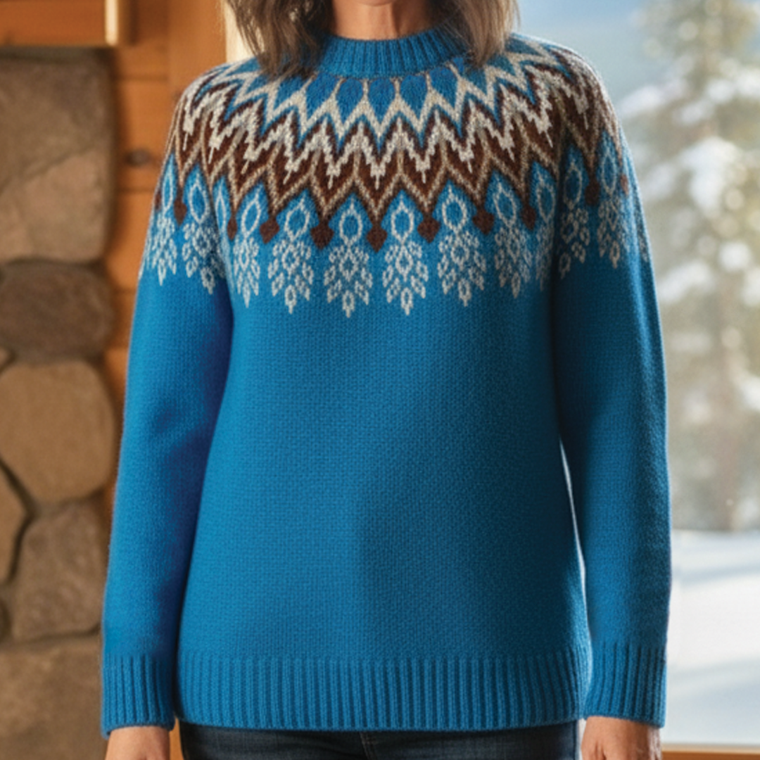 Women's multicolor jacquard knit sweater soft-touch cozy layering piece with textured artistic pattern