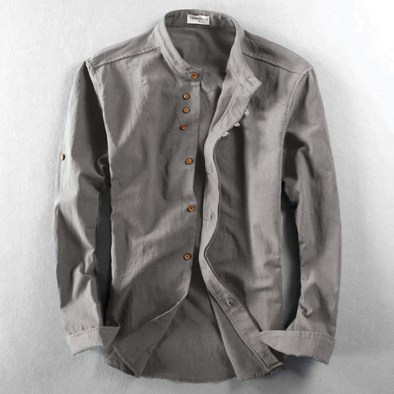 Men's lightweight mandarin collar shirt asymmetrical placket smart casual long-sleeve essential