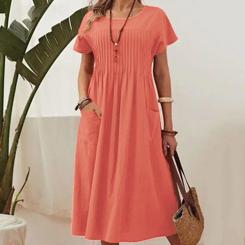 Women's casual midi dress in breathable cotton, relaxed A-line silhouette with pleats and side pockets