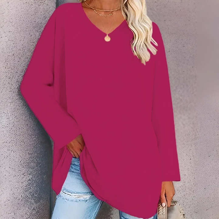 Women's relaxed draped V-neck tunic top with dropped shoulders for effortless layering