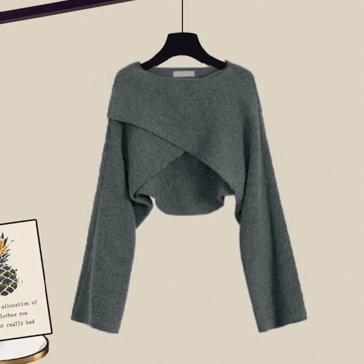 Women's beige knit 3-piece set cropped sweater, tank top & wide-leg trousers lightweight breathable