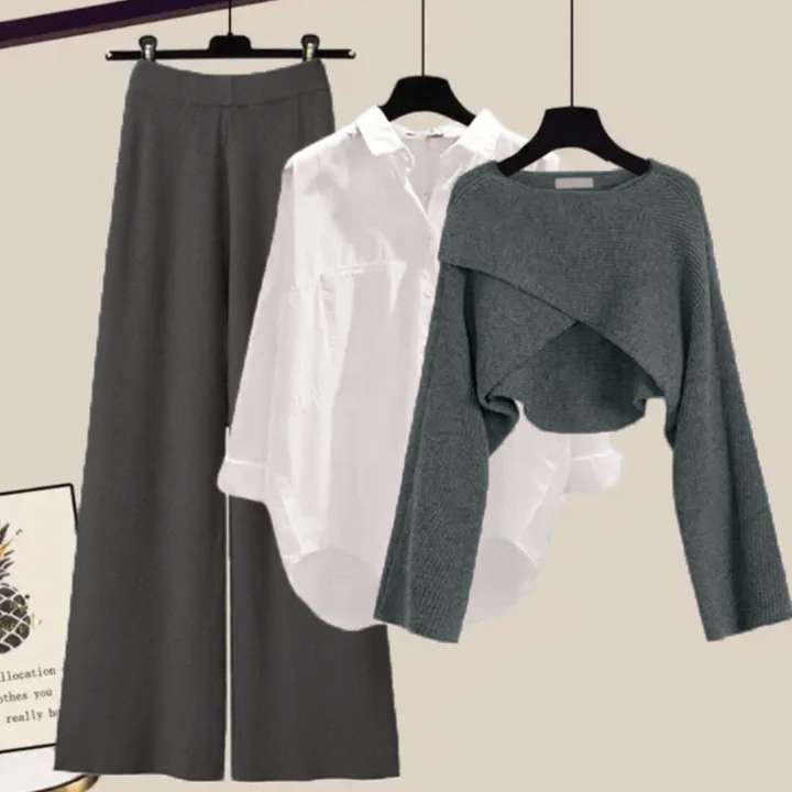 Women's knit 3-piece set cropped sweater, top & wide-leg trousers lightweight breathable all-season