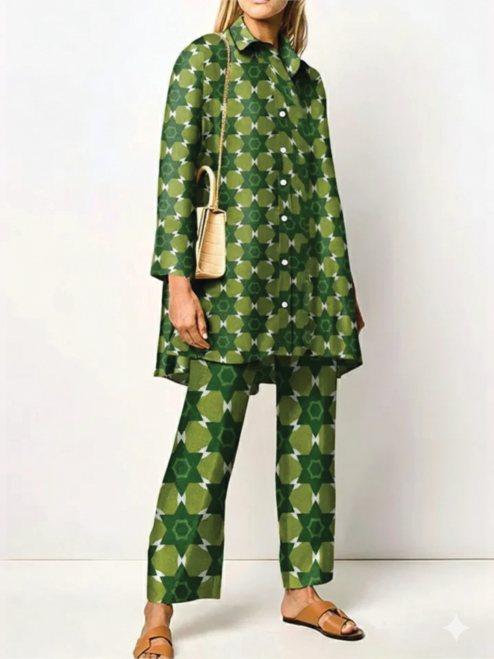 Women's two-piece woven set with relaxed tunic top, straight-leg pants, and pointed collar