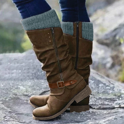 Women's knee-high boots with knit cuff, buckle detail, and textured sole for everyday comfort