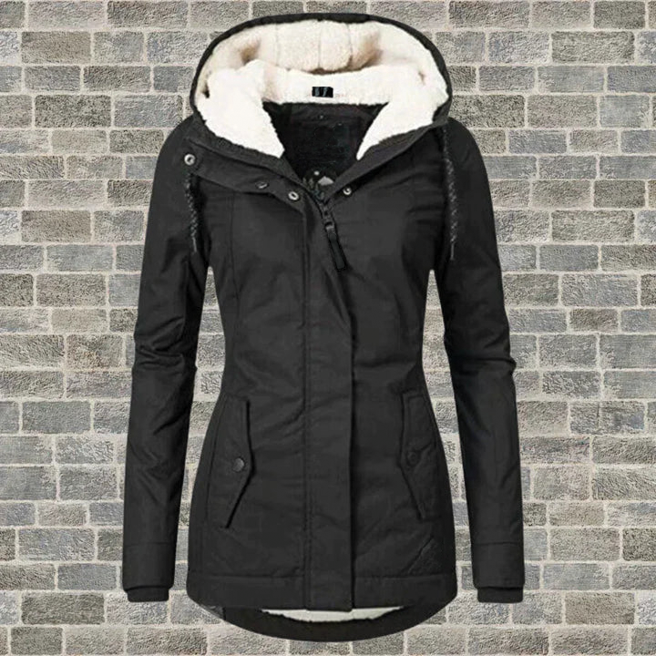 Women's hooded winter jacket fleece-lined dual-closure design for cold weather everyday wear