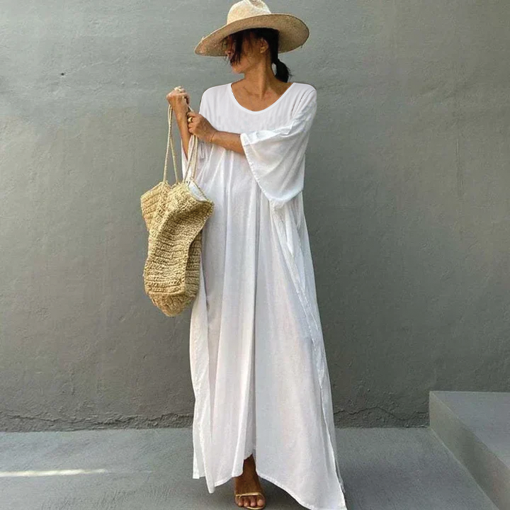 Women's ankle-length kaftan dress linen cotton blend oversized V-neckline resort beach cover-up