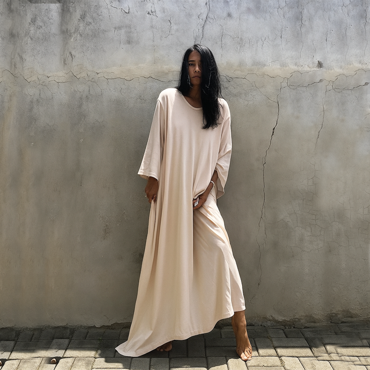 Women's ankle-length kaftan dress linen cotton blend oversized V-neckline resort vacation style
