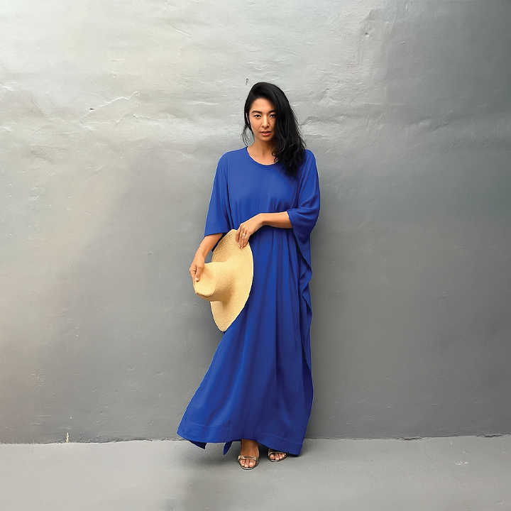 Women's ankle-length kaftan dress linen cotton blend oversized V-neckline resort vacation wear