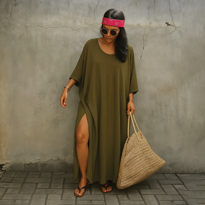 Women's ankle-length kaftan dress linen cotton blend oversized V-neckline breezy resort style