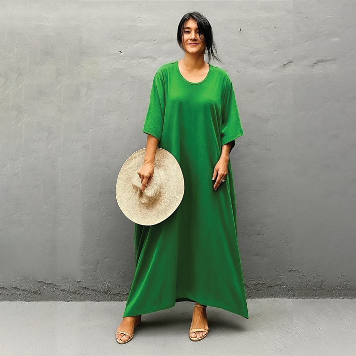 Women's ankle-length kaftan dress in linen cotton blend, oversized V-neckline resort style
