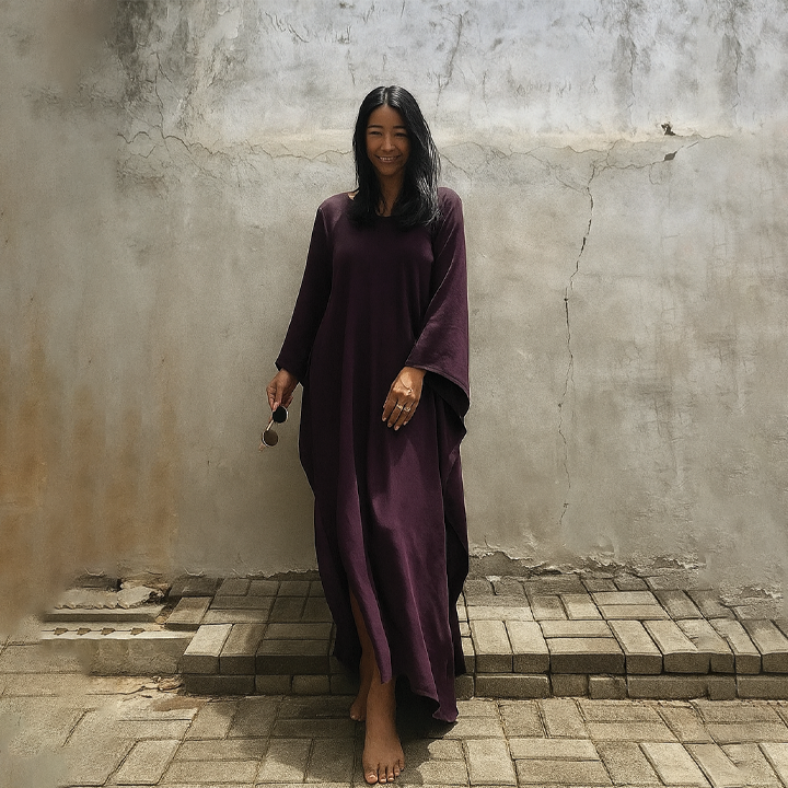 Women's ankle-length kaftan dress linen cotton blend oversized V-neckline breezy resort style