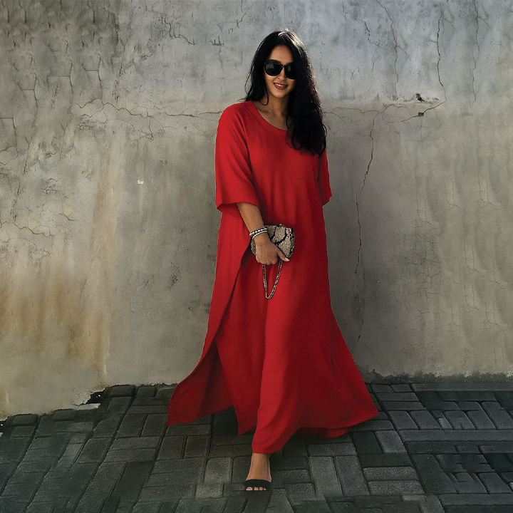 Women's ankle-length kaftan dress linen cotton blend oversized V-neckline resort vacation style