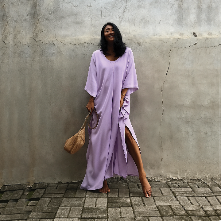 Women's ankle-length kaftan dress linen cotton blend oversized V-neck breezy resort style