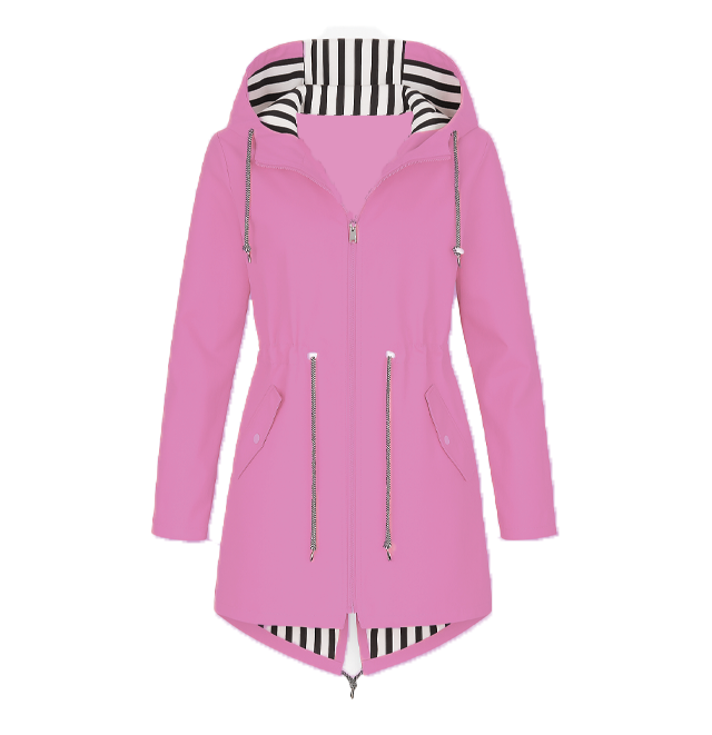 Women's lightweight windbreaker breathable polyester adjustable hood and waist flattering silhouette