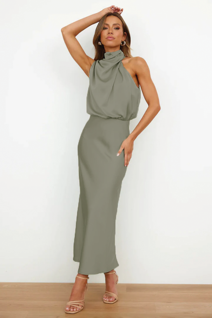 Diane satin maxi dress women halter sleeveless evening gown draped silhouette smooth sheen
