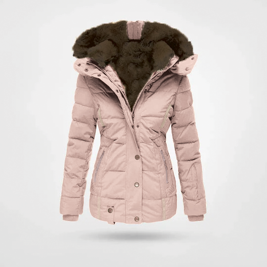 Women's black padded hooded jacket sleek feminine silhouette with faux fur-lined hood
