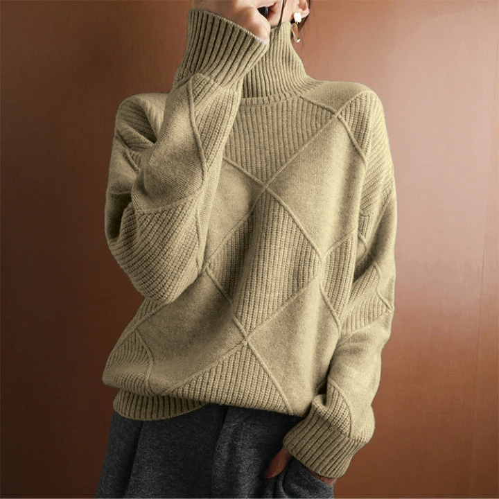Women's diamond knit turtleneck sweater relaxed fit ribbed cozy winter layer soft textured