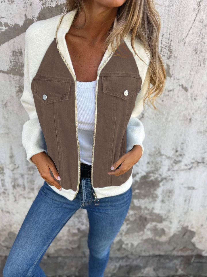 Women's zip-up denim jacket with soft cozy lining, classic blue wash, and easy front zipper closure