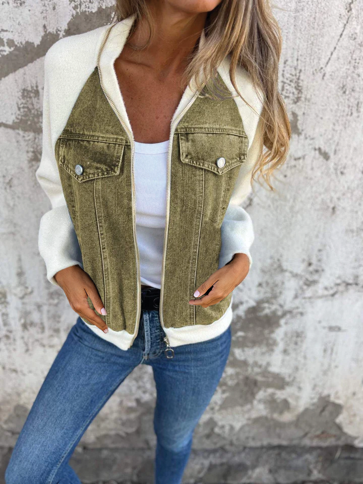 Women's blue denim zip-up jacket with cozy soft lining and easy front zipper closure
