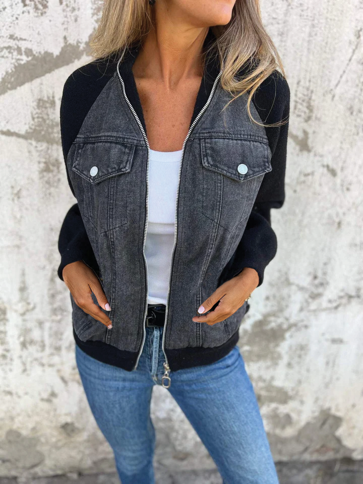 Women's blue denim zip-up jacket with cozy soft lining and easy front zipper closure