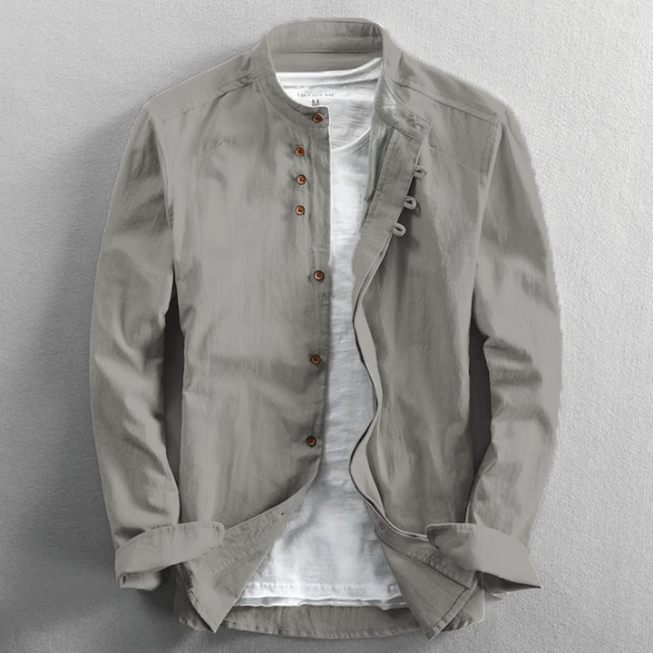 Men's lightweight mandarin collar shirt smart casual long-sleeve with asymmetrical diagonal button placket