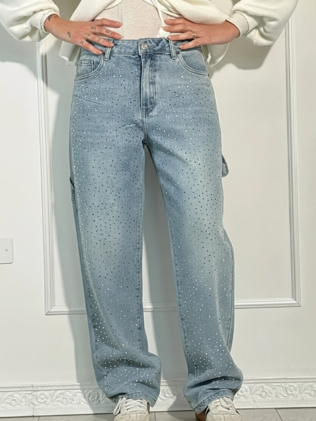 Naomi high-waist balloon wide-leg denim jeans with subtle sparkle finish, everyday chic women's style