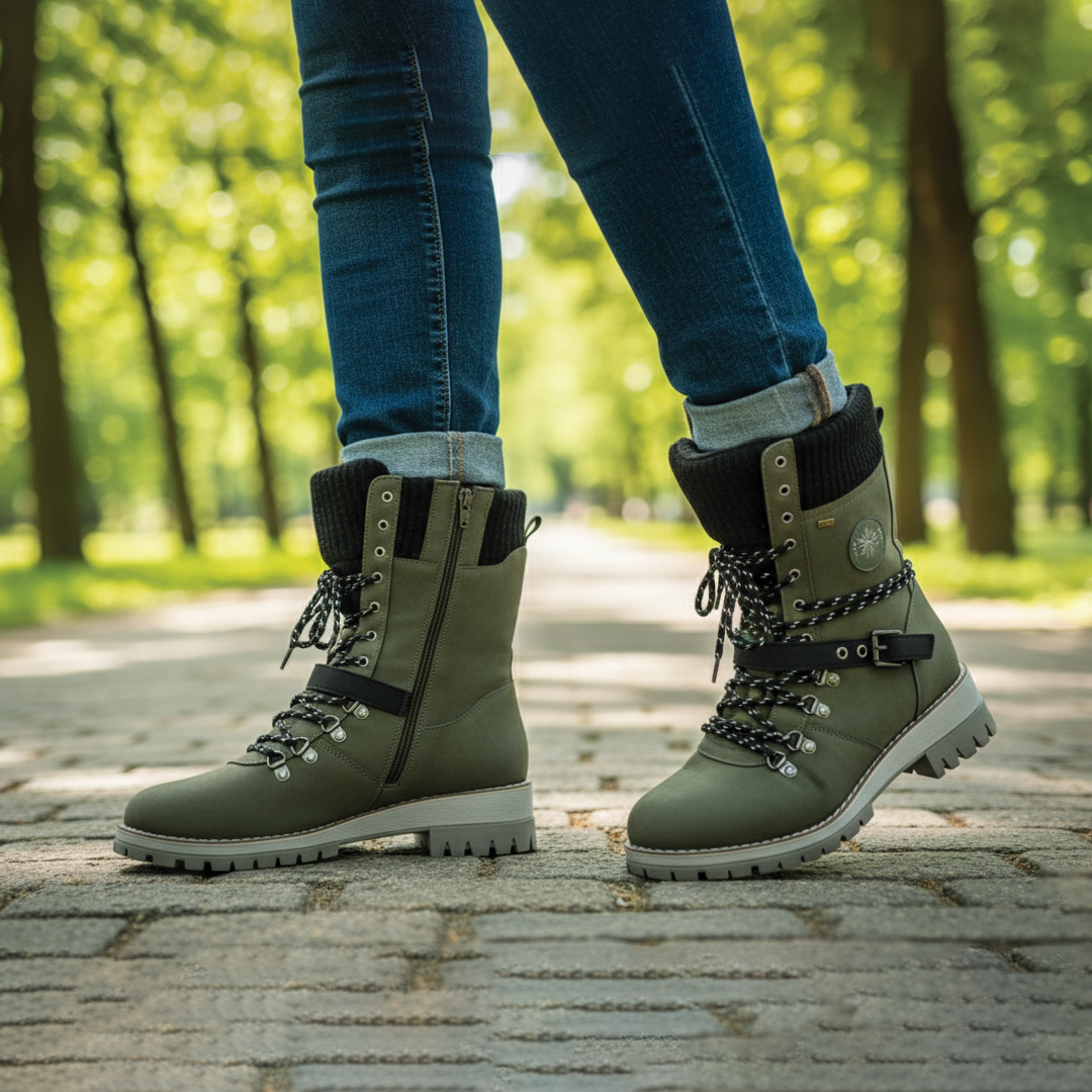 Women's Sara lace-up winter boots brown leather knit cuff collar with side zipper lug sole grip