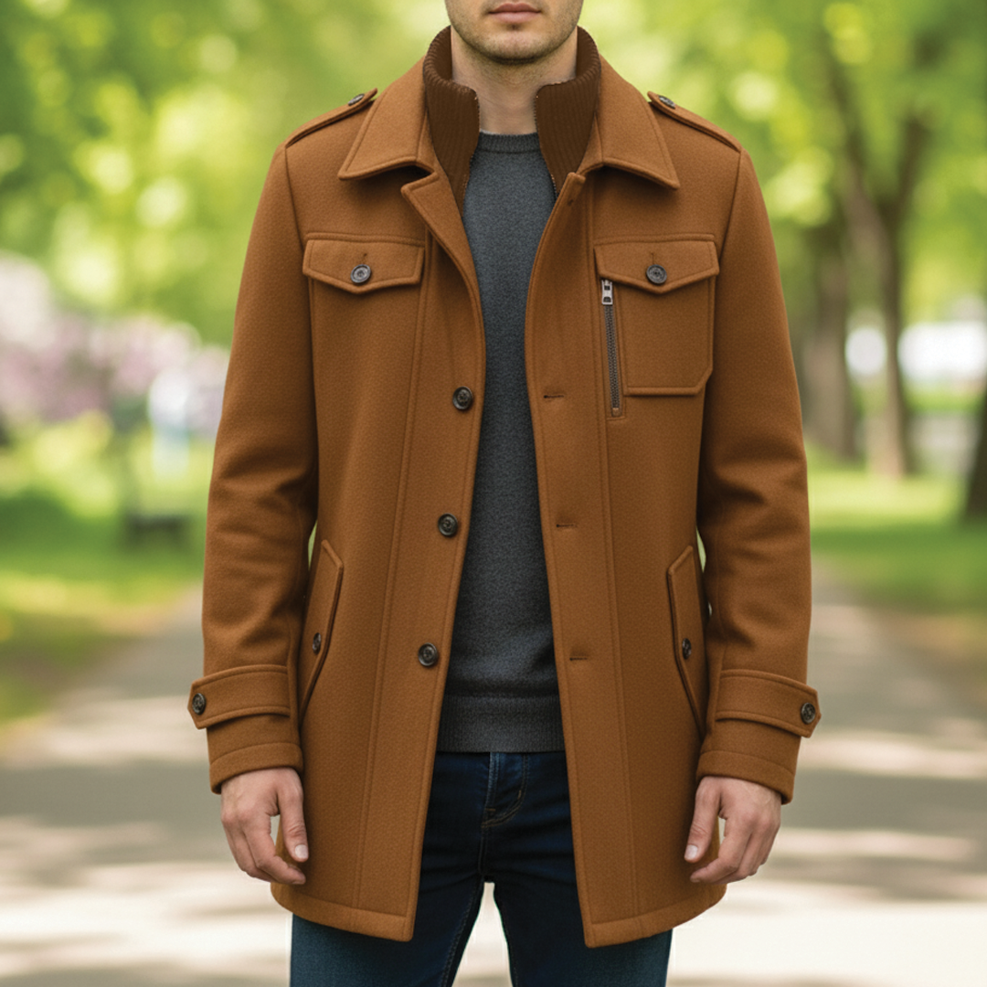 Men's charcoal wool blend overcoat, tailored notched lapel with button-zip closure and multiple pockets