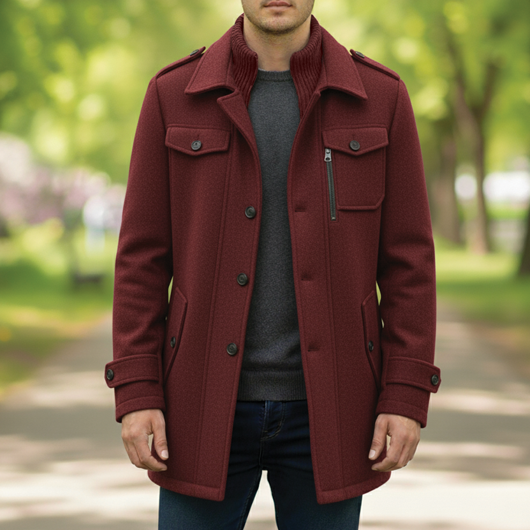 Men's charcoal wool blend overcoat with notched lapel, button-zip closure, and multiple pockets