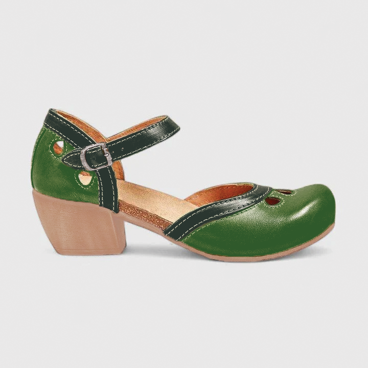 Women's black Mary Jane shoes rounded toe secure buckle cutout details timeless elegant style