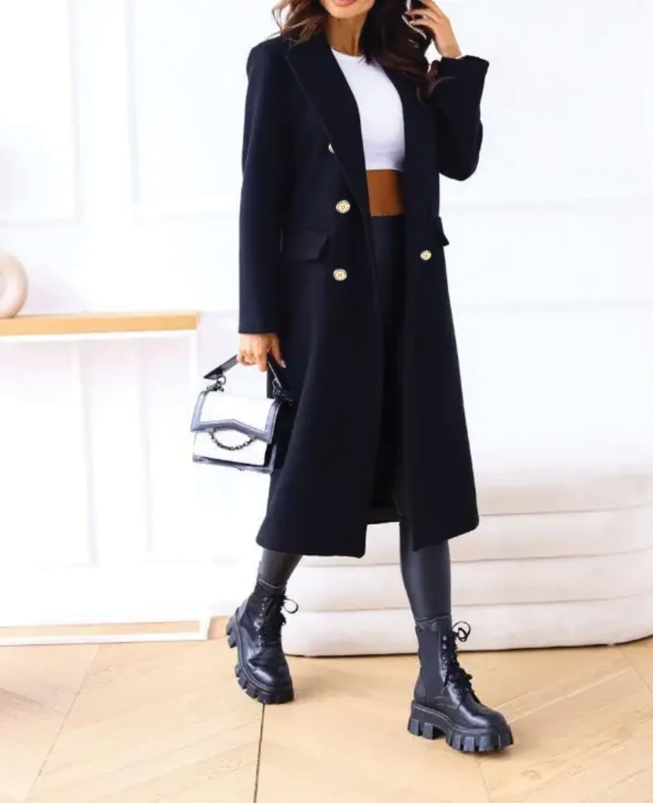 Women's fitted double-breasted trench coat tailored silhouette notched lapel warm autumn winter layer