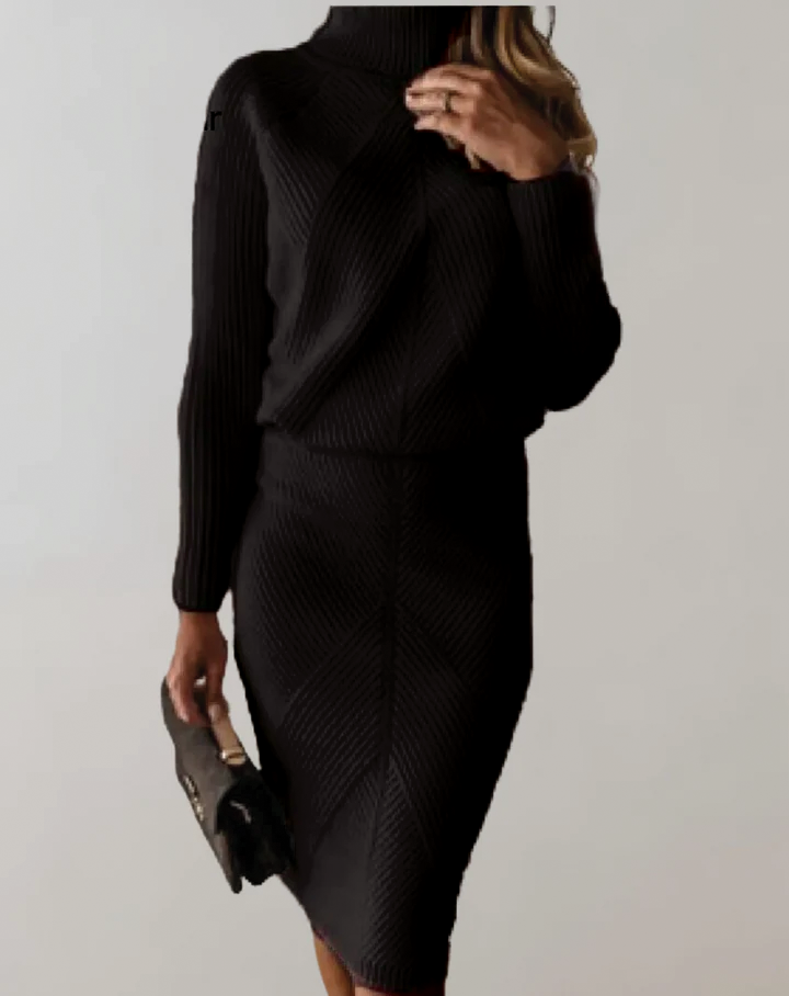 Women's ribbed knit turtleneck sweater and pencil skirt set, monochrome elegant two-piece office outfit