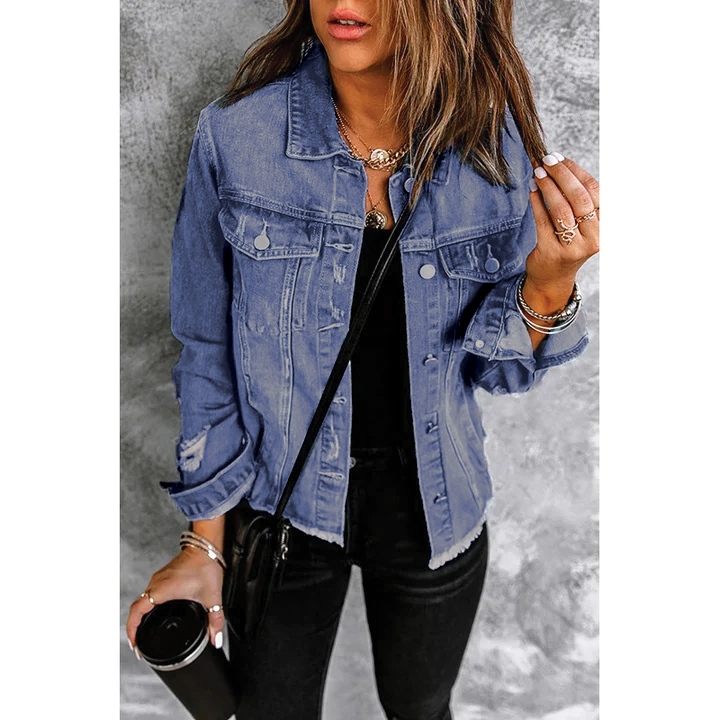 Women's blue distressed denim jacket frayed hem 100% cotton modern edge casual fit