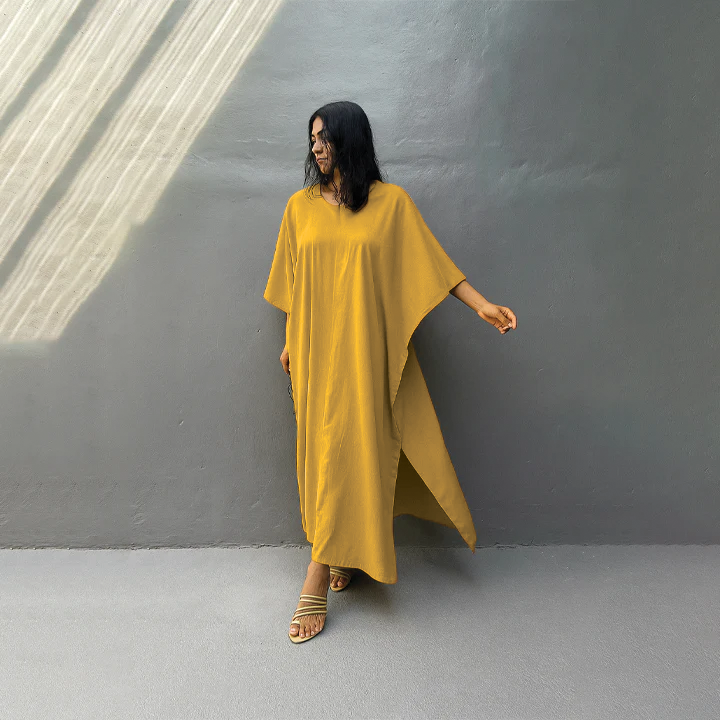 Women's ankle-length kaftan dress linen cotton blend oversized V-neck breezy resort style