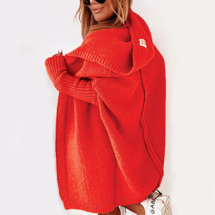 Women's hooded knit cardigan soft plush cozy warm relaxed silhouette with oversized enveloping hood