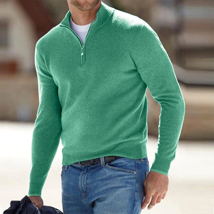 Men's gray wool half-zip mock-neck sweater with ribbed finish, cozy layering piece for cool weather