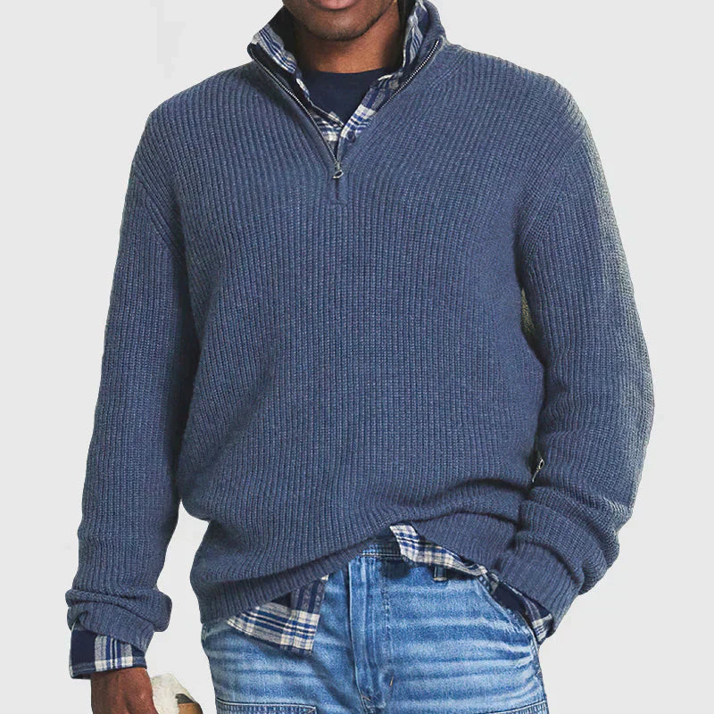 Men's ribbed knit half-zip sweater in classic neutral tones for layering everyday casual style