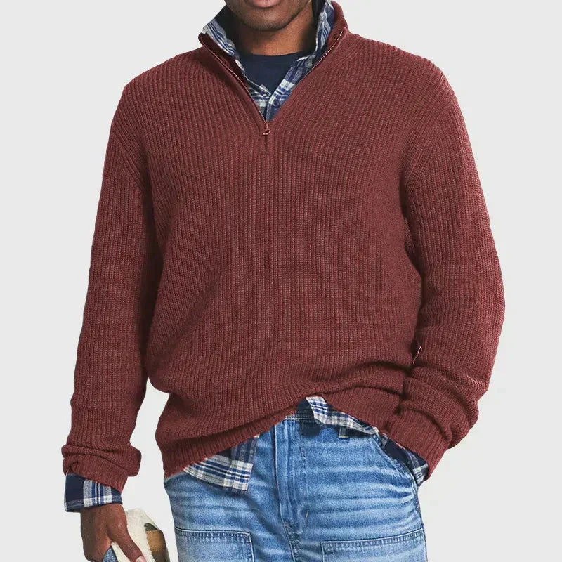 Men's ribbed knit half-zip sweater in classic neutral tones, versatile layering piece for casual style