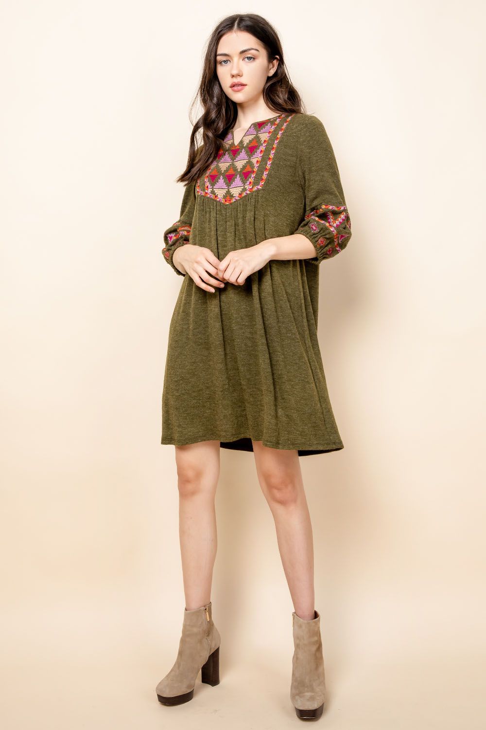 THML navy olive embroidered mini dress mid sleeve semi-formal refined silhouette above knee