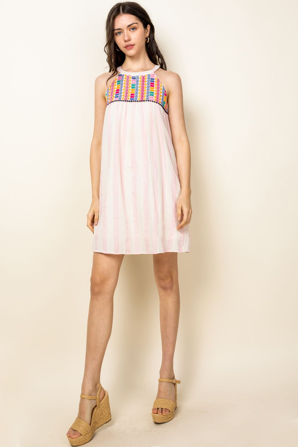 THML women's striped cotton halter mini dress with floral embroidery, elegant summer party style
