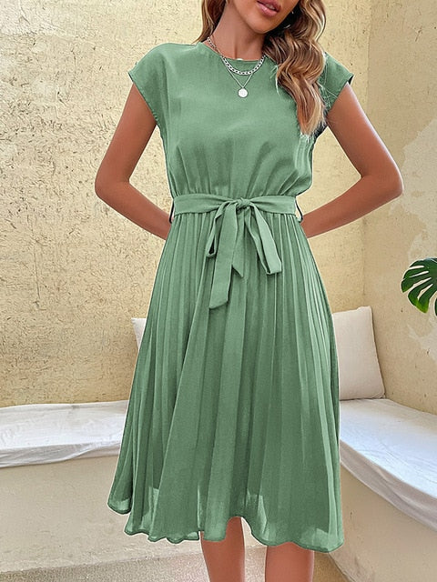 Elegant A-line summer dress with comfortable waistband, flattering silhouette for modern everyday wear
