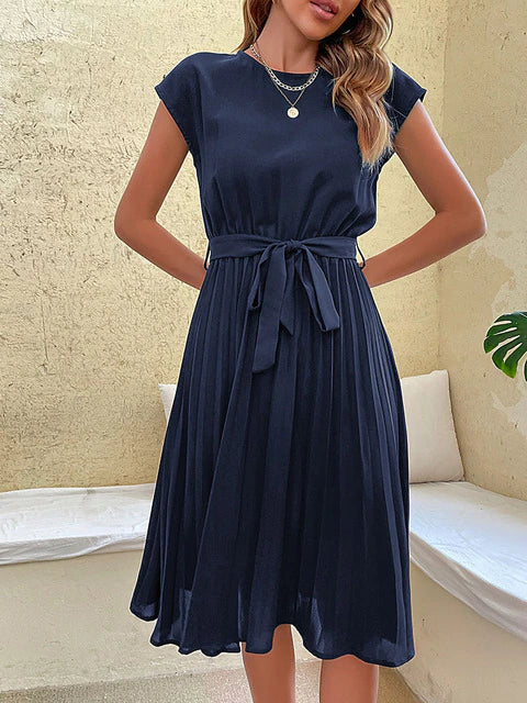 Elegant A-line summer dress with waistband, flattering silhouette for modern women everyday wear