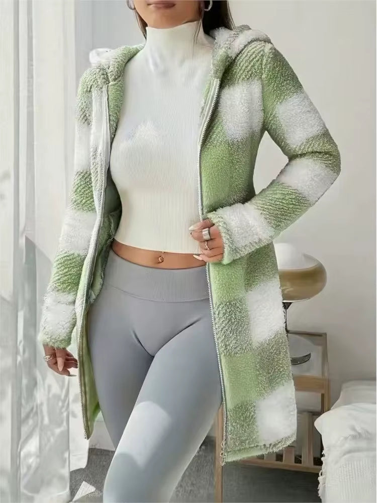Women's longline hooded sherpa jacket buffalo check plaid ultra-soft fleece cold weather