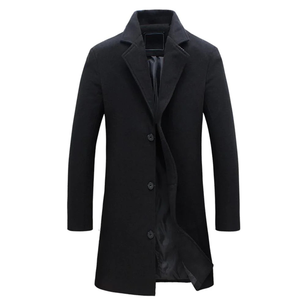 Men's charcoal wool blend knee-length overcoat with structured fit and notched lapel