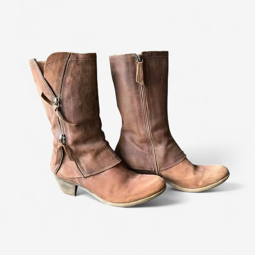Women's distressed brown mid-calf western boots with dual zip closure and layered panel stitching