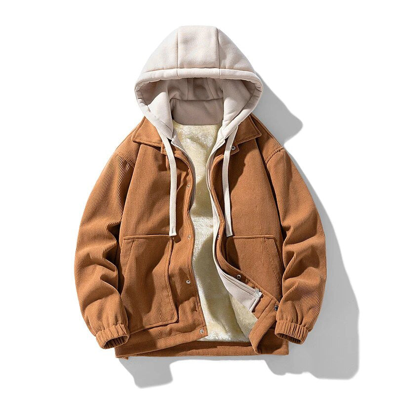 Men's corduroy hooded jacket lined warm casual urban outerwear durable cozy style